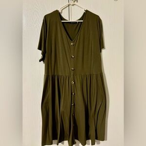 Olive Green V-Neck Midi Dress Asymmetrical Casual